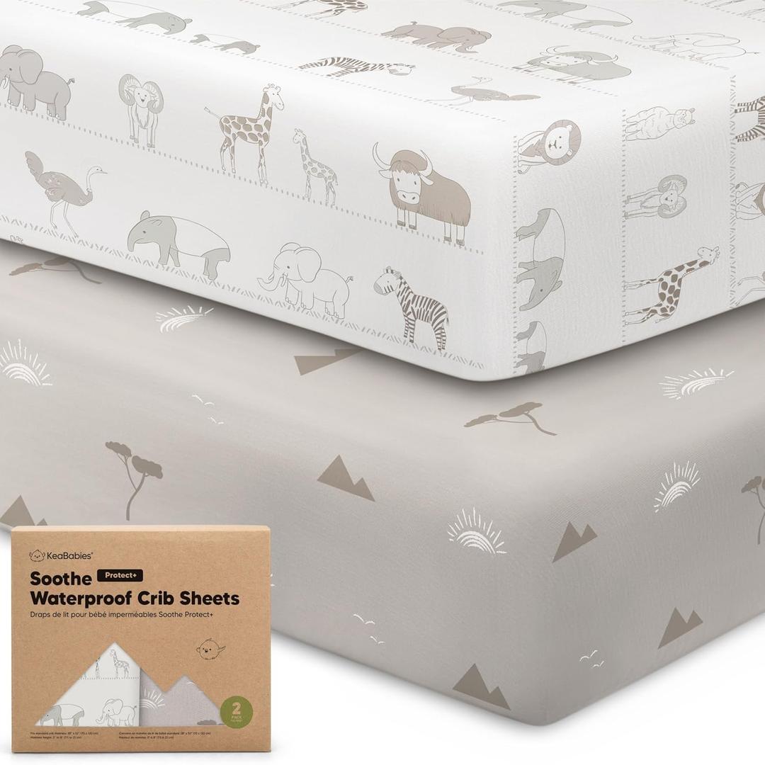 2-Pack Waterproof Crib Sheets for Boys, Girls - 52x28 Fitted Organic Cotton Baby Crib Sheets, Toddler Mattress Protector Cover, Washable, Soft & Durable Baby Bedding Essentials (Savannah)