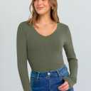 ANRABESS Long Sleeve Shirts for Women V Neck Ribbed Knit Fitted Fall Basic Tshirts Going Out Tops 2026 Casual Trendy Clothes (Green, S)