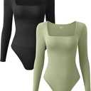 OQQ Women's 2pcs Bodysuits Sexy Ribber One Piece square Neck Long Sleeve Tops, Medium, Green And Black