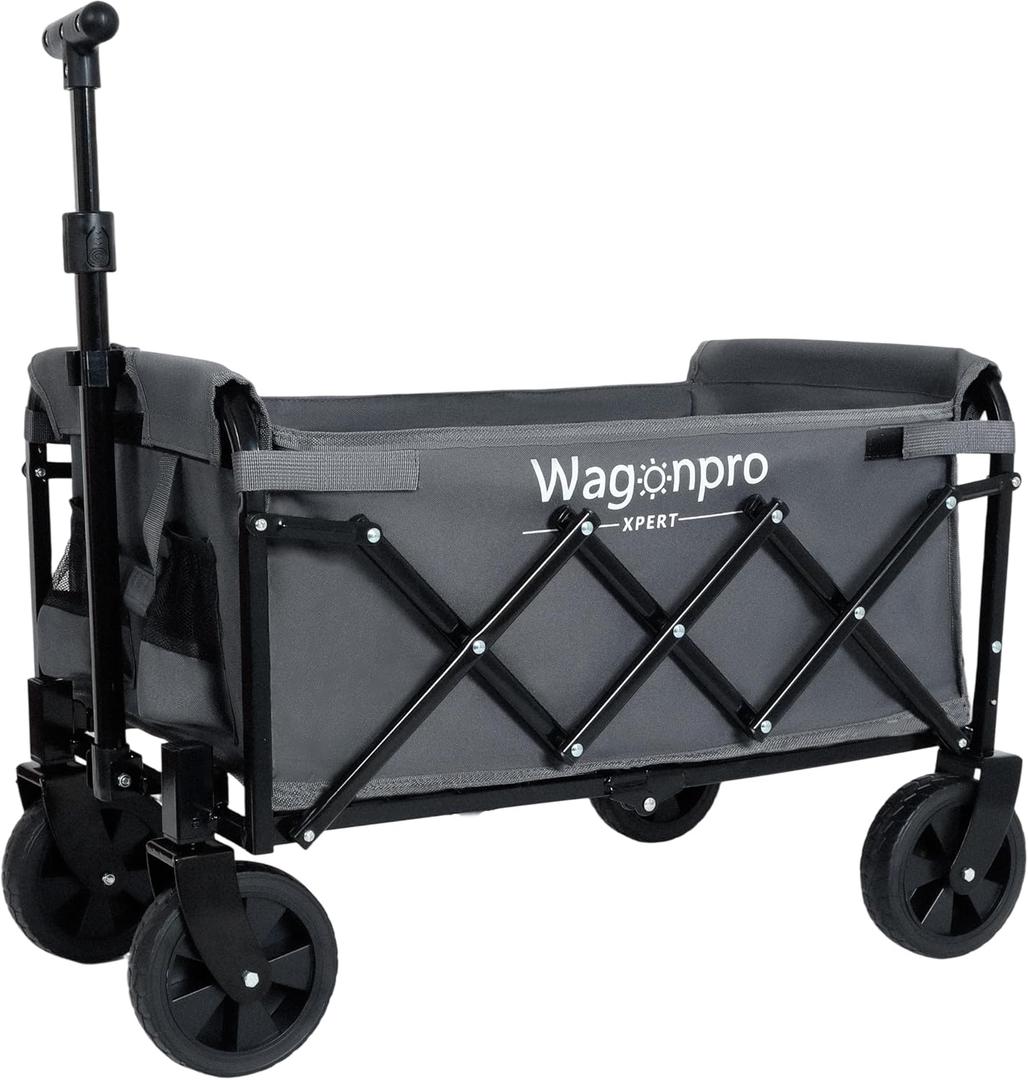 Expandable Utility Wagon-Cart with Dual-Layer Storage, Portable Collapsible Wagon, Heavy Duty Folding Grocery Cart w/ 360 Wheels for Camping Shopping Beach Groceries Sports Garden, Grey (Gray)