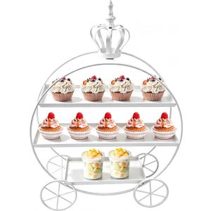 White Crown Pumpkin Cart 3 Tier Dessert Stand, Wrought Iron Cake Display Tray for Wedding Birthday Afternoon Tea Party, Decorative Tiered Serving Platter for Pastries Fruit Candy
