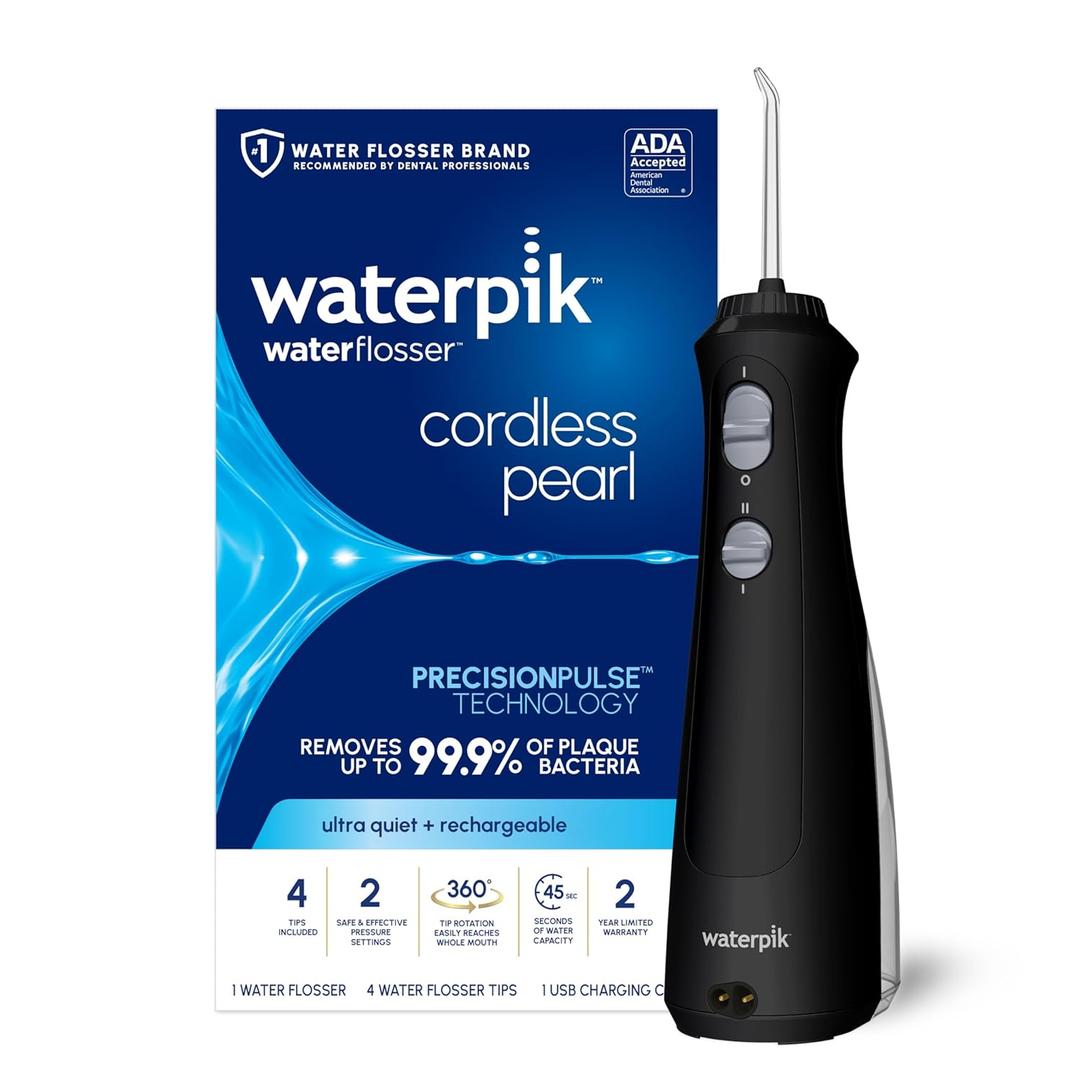 Waterpik Cordless Pearl Rechargeable Portable Water Flosser for Teeth, Gums, Braces Care and Travel, Extra Quiet, 4 Flossing Tips - ADA Accepted, WF-13 Black