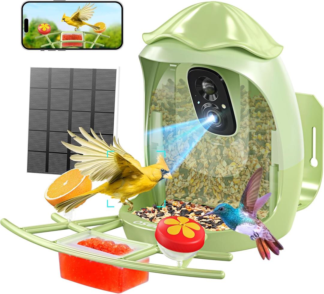 Osoeri Smart Bird Feeder with Camera  AI Identify & 2K HD Live Video, Outdoor Solar Birdfeeder for Backyard Wild Birds, Real-Time Alerts, Ideal Gifts for Bird Lovers & Families, 2.4GHz WiFi