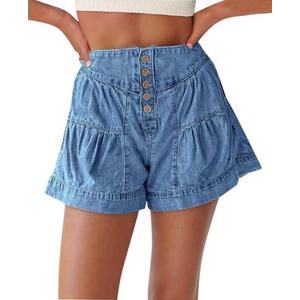 Cicy Bell Womens Summer Flowy Jean Shorts Button Up High Waisted Wide Leg Denim Skort with Pockets M