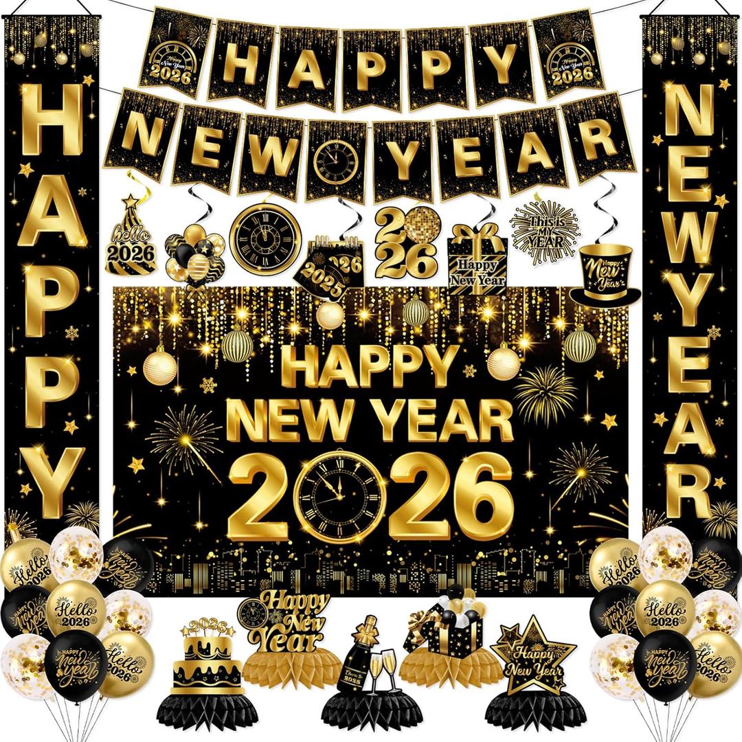 New Years Decorations 2026,Happy New Years Eve Party Supplies Gold and Black Nye Party Decorations With Backdrop Door Banner Hanging Swirls Honeycomb Balloon