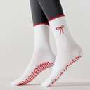 3 Pairs Cute Pilates Socks with Grips for Women Non Slip Yoga Socks Grippy Crew Socks Embroidery Pattern for Workout Ballet (White)