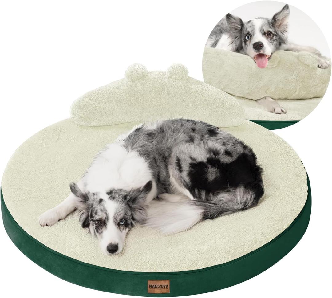 Large Dog Bed Orthopedic Dog Beds for Large Dogs with Washable Removable Cover Waterproof Pet Beds with Pillow-Beige and Dark Green (36*36*3inch)