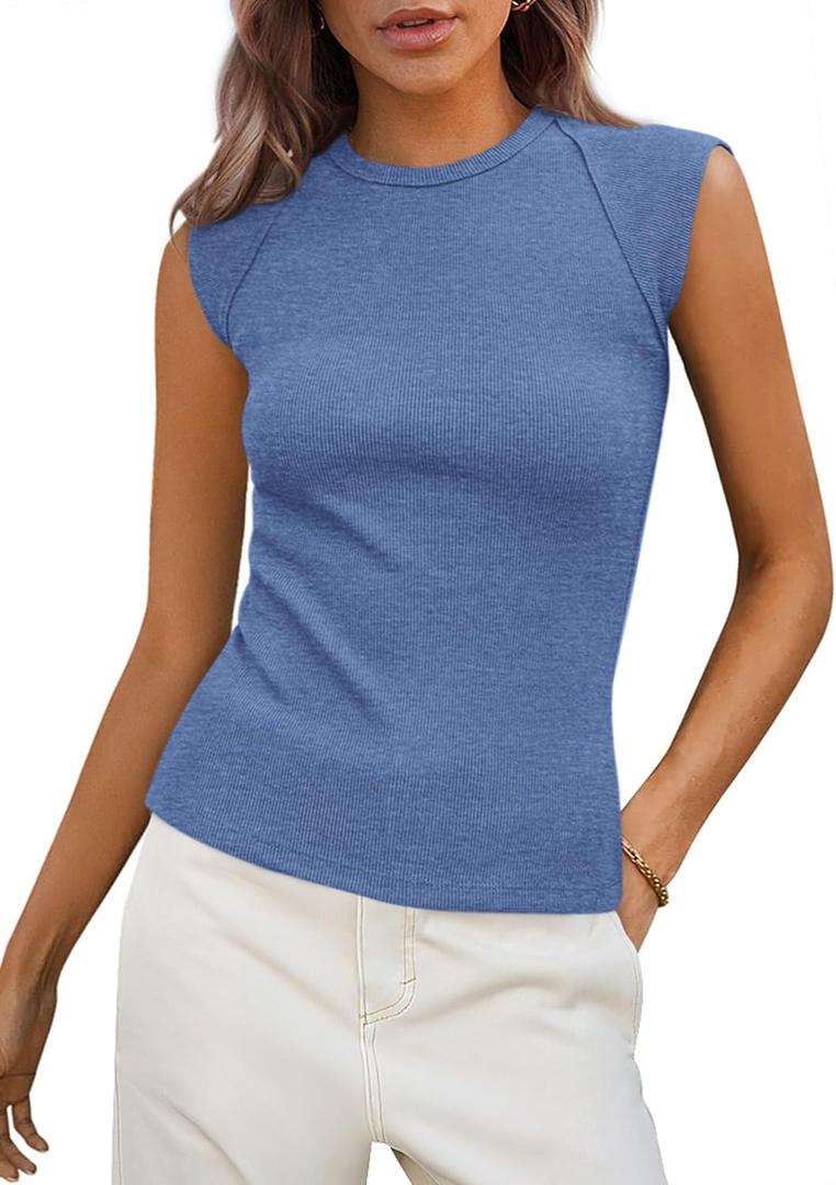 PRETTYGARDEN Women's Ribbed Tank Tops 2026 Summer Cap Sleeve Slim Fitted Knit Basic Casual Tee Shirts Trendy Fashion Clothes (Medium)