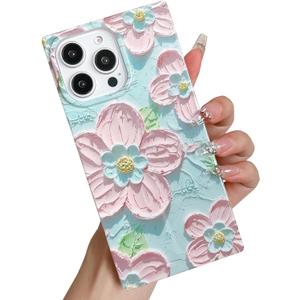 KERZZIL Elegent Girly 3D Flower Compatible with iPhone 13 Pro Rectangle Edge Case, Cute Floral Pattern Slim Soft TPU Protective Bumper Cases Cover(Blue,13 Pro)