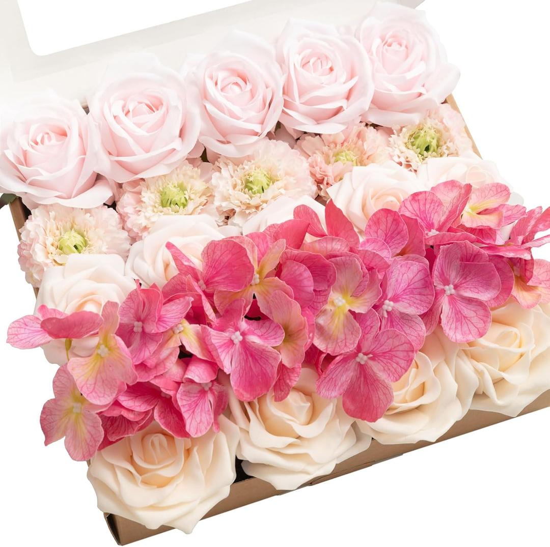 Ling's Moment Artificial Flowers Fake Silk Hydrangea Faux Peony Foam Roses Combo for DIY Wedding Bouquet Centerpiece Arrangement Bridal Shower Party Home Decor, Powder Pink & Berry Pink & Cream, 24pcs