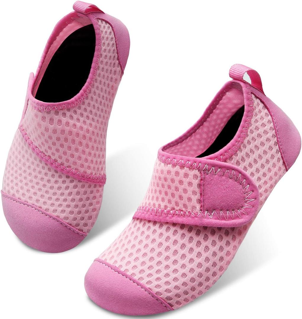 Scurtain Kids Toddler Water Shoes Barefoot Quick-Dry Aqua Socks for Boys Girls Baby with Non-Slip Rubber Sole (26-27 Toddler, Pink/Hole)