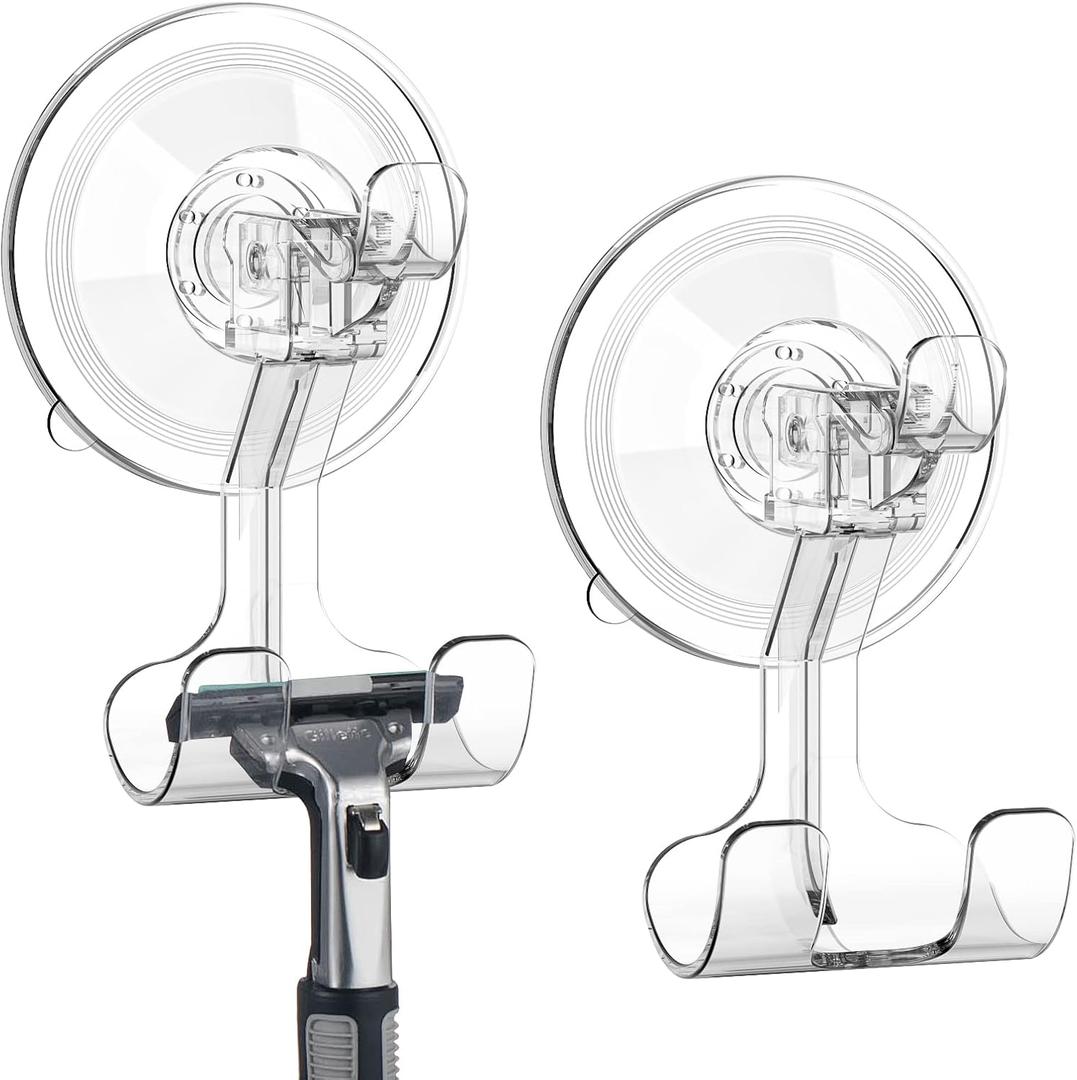 Large Suction Cup Hooks Shower Razor Holder - 2 Pack Heavy Duty Reusable Vacuum Shower Hook, Damage Free Wall Hooks for Bathroom Kitchen Towel Loofah Sponge Key Shaver Bathrobe Wreath (Clear)