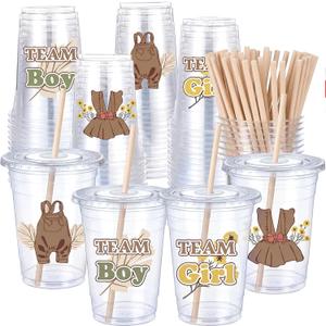 Qinyoung 100 Sets Neutral Gender Reveal Plastic Cups 16 oz Gender Reveal Party Decorations Overalls & Dresses Disposable Cups with Lid and Straw for Guests Baby Shower
