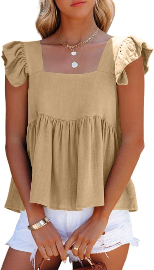 LYANER Women's Summer Sleeveless Peplum Blouse Square Neck Ruffle Strap Babydoll Tank Top (Large, Beige)