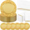 FoldTier 50 Set Antique Charger Plates with Napkins Set 13 Inch Plastic Round Chargers Bulk Embossed Rim Dinner Plates Elegant Guest Towels for Wedding Party Event Table Decoration Setting (Gold)