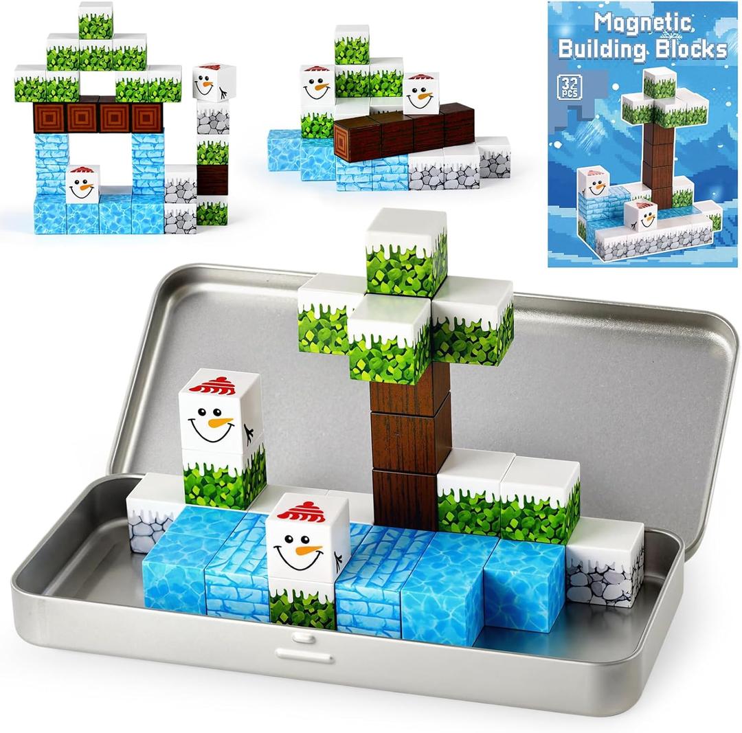 3 otters 32PCS Magnetic Building Blocks Winter Travel Set, STEM Magnet Cubes Toys with Metal Storage Box for Kids, Sensory Christmas Birthday Gifts for Boys & Girls