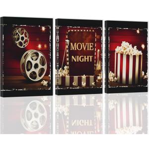 ZXHYWYM Movie Wall Art 3-Piece Canvas Print - Black & Red Movie Popcorn Painting - Modern Home Theater Room Decor (12x16x3)