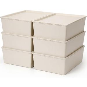 Menkxi 6 Pcs Plastic Storage Bins with Lids Stackable Storage Containers Durable Box Baskets for Organizing Shelves Playroom Classroom Office (Large, White)