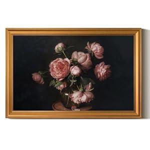 ARPEOTCY Large Gold Framed Canvas Wall Art, 24x36 Inch, Vintage Peony Floral Art Prints, Classical Still Life Decor for Dining Living Room Above of Bed, Dark Moody Farmhouse Decor