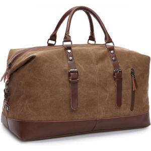 Coffee Canvas PU Leather Travel Tote Duffel Bag Carry on Bag Weekender Overnight Bag 21.3'' L x 13'' H x 9.4'' D