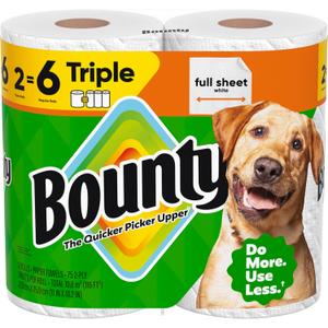 Bounty Full Sheet Paper Towels, White, 2 Triple Rolls = 6 Regular Rolls 