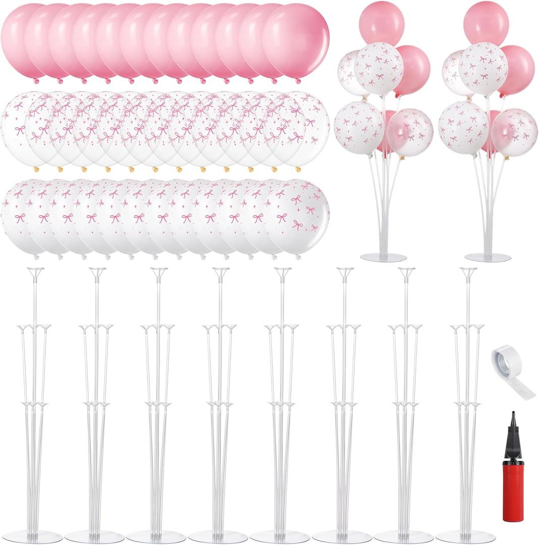 VioraWhite 8 Set Balloon Stands Kits, Sticks Holder with Base and Balloon for Table Centerpieces Party Decoration for Birthday Baby Shower Fiesta Carnival Wedding Graduation Party(Pink Bow)