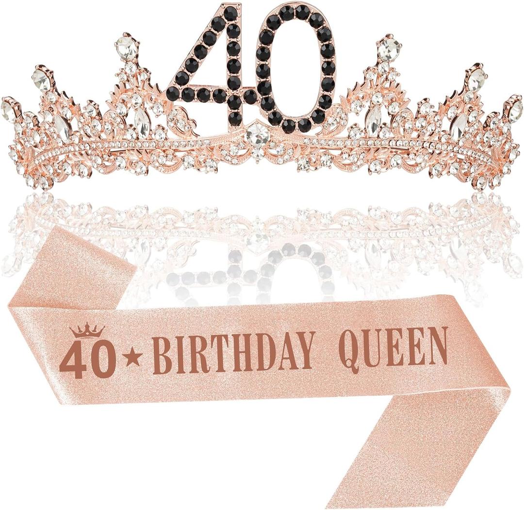40th Birthday Decorations for Women, Black Rose Gold 40th Birthday Crown and Sash Womens 40 Year Old Tiara Gifts Party Favors for Her Female Friends Sisters Daughter Wife Mom