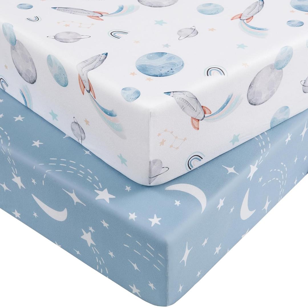 Pack and Play Sheets for Boys Girls, 38" x 26" Mini Crib Sheets Fitted for Pack n Play Mattress, Soft Breathable Playard Sheets, 2-Pack Blue Rocket