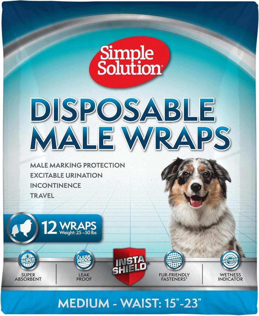 Simple Solution Disposable Dog Diapers Wraps for Male Dogs, True Fit, Absorbent, Leak Proof with Wetness Indicator, Puppy and Doggie Diaper for Peeing, For Medium Pets, 15  23 Inch Waist, 30 Count