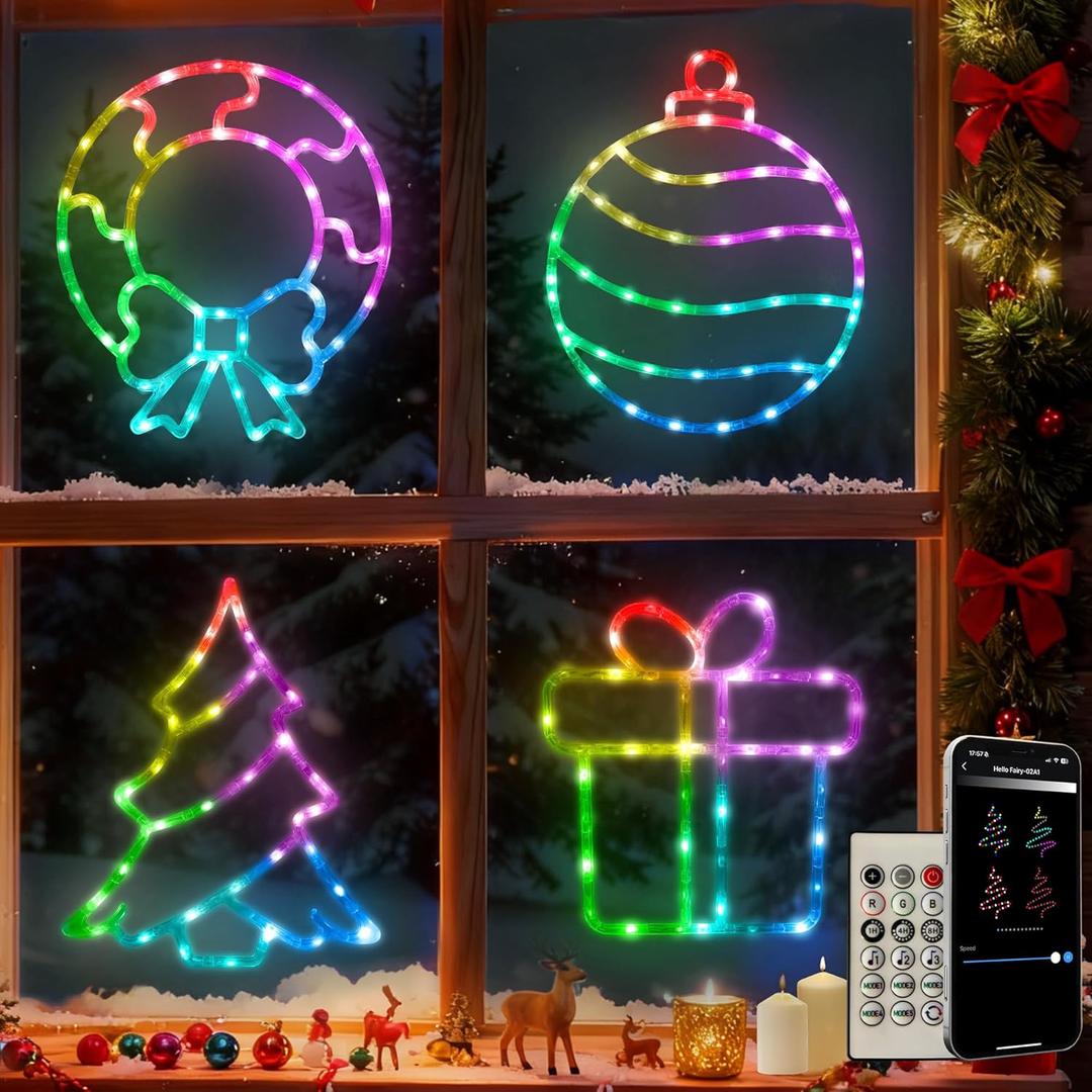 Urvoix Smart Christmas Window Lights, Christmas Window Silhouette Lights, 4 Pack Colour Lighted Wreath, Xmas Tree, Gift Box, Ball with Remote APP Control for Holiday Wall Door Window Decorations