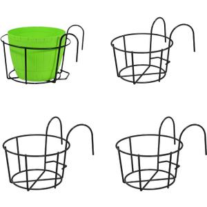 4 Pack Hanging Planters for Balcony  Round Metal Flower Pots with Railing Hook, Outdoor Hanging Basket for Fence, Patio, or Garden (Black)