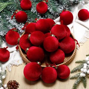 HyDren 24 Pcs Burgundy Velvet Christmas Ornaments Balls Bulk Flocked Christmas Tree Ornaments 3.15, 2.76, 2.36 Inch Shatterproof Hanging Xmas Tree Balls Decor for Xmas Decorations