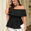 SCOMCHIC Plus Size Off The Shoulder Peplum Tops for Women Summer Ruffle Hem Blouse Chiffon Babydoll Top (Black, XXXL)