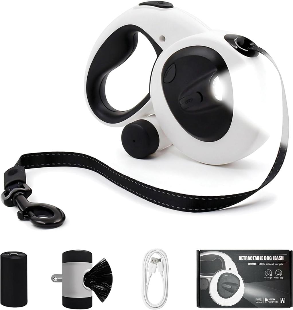 16Ft Retractable Dog Leash with LED Light, Heavy Duty Dog Leash for Small, Medium & Large Dogs Up to 66lbs, 360 Tangle-Free, Dispenser and Poop Bags