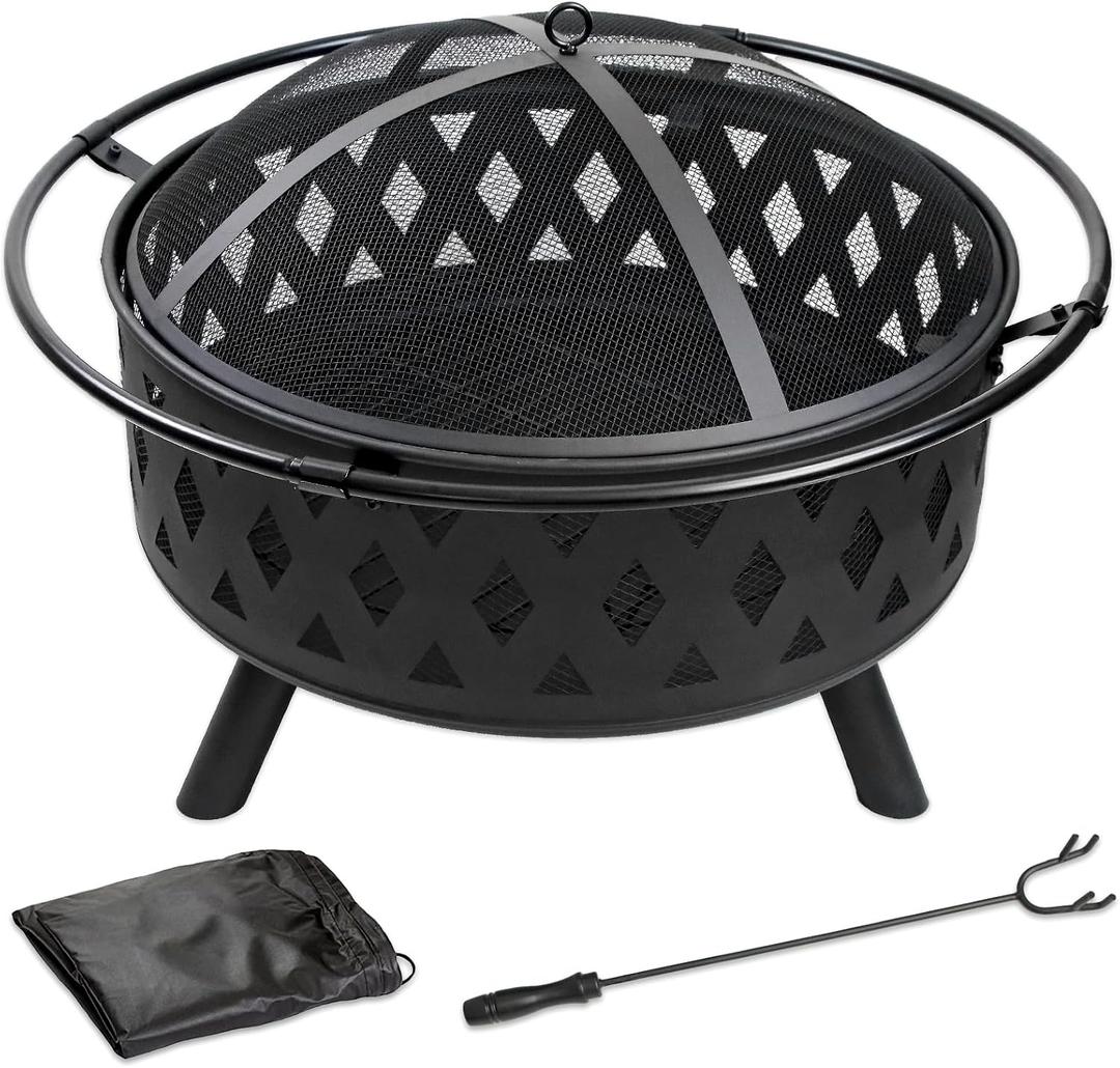 32 Inch Fire Pit Outdoor Burning Stove, 2 in 1 Metal Round Fireplace for Outside Bonfire Party, BBQ, Camping, Backyard, Patio, Garden w/Fire Poker, Spark Screen, Grate, Cover (Rhombic)