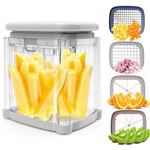 French Fry Cutter 4-in-1  Potato Cutter for Fries, Onion Dicer, Food Chopper & Apple Slicer  Manual Hand Vegetable Cutter with 4 Blades