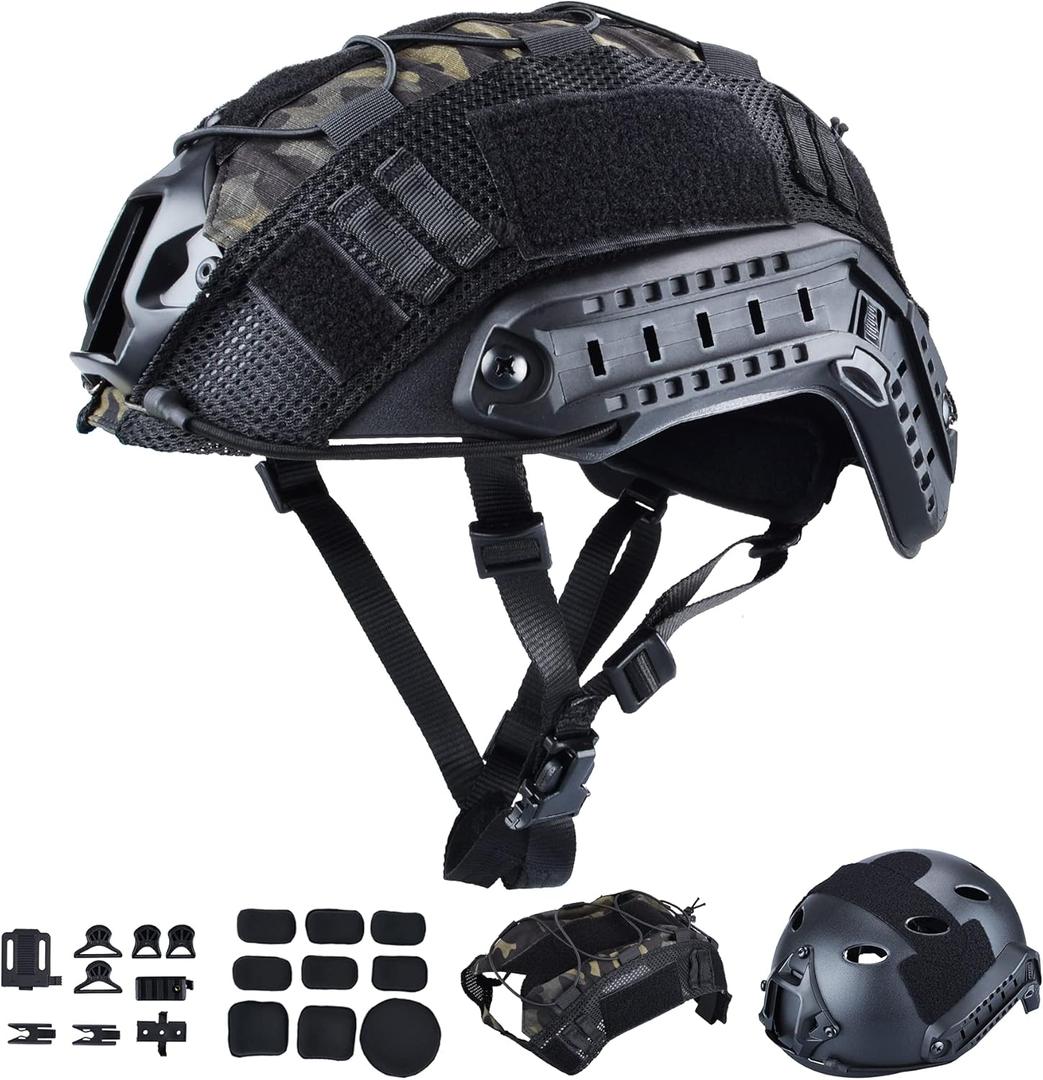 ActionUnion Tactical Airsoft Paintball Fast Helmet with Cover PJ Type Adjustable Protective NVG Mount for Multicam Military Sports Hunting Shooting (Black-CP) M