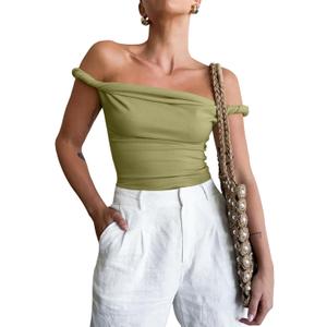 Tankaneo Womens Off The Shoulder Top Sleeveless Slim Fit Stretchy Tank Top Y2k Casual T Shirts (Medium, Army Green)
