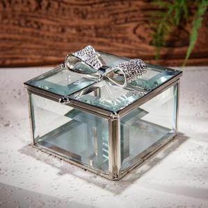 Bow tie square Glass Jewelry Box,Jewelry Ring, Bracelet, Souvenir Metal Display Box, Transparent Storage Box.(3.9x4.2x3.2inches) (Silver)