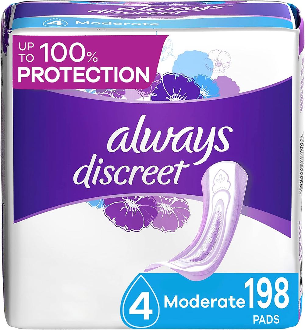 Always Discreet, Incontinence & Postpartum Pads for Women, Size 4 Drops, Moderate Long Absorbency, 198 Total Count (3 Packs of 66 Count)
