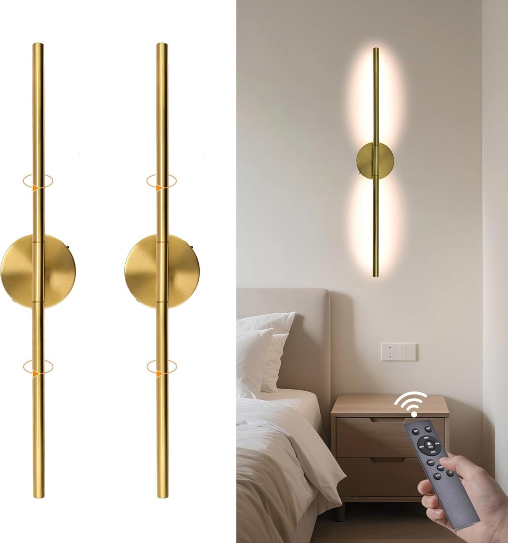 Wireless Wall Sconces Set of 2 20Inch Battery Operated Wall Lights with Remote Control360Rotate Dimmable led Wall Lamps for Living Room and Bedroom (Gold)