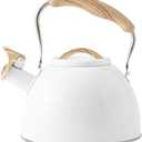 Whistling Tea Kettle with Wood Handle Stainless Steel Teakettle Teapot Stove Top Teapot for Home Kitchen Outdoor Camping Hiking 3L White