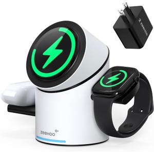 ZEEHOO 3 in 1 Charging Station for Apple Devices, Mag-Safe Charger Stand, Qi2 15W Auto-Rotating Wireless Charger for iPhone 17 16/15/14/13/12 Series& AirPods& iWatch(White)
