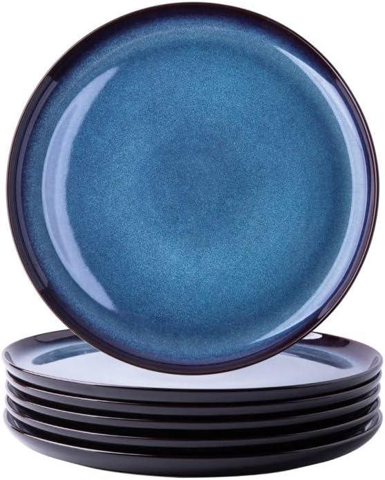 LERATIO Ceramic Dinner Plates Set of 6,10.5 Inch Reactive Glaze Porcelain Plates, Modern Shape Dinnerware Dishes Set for Kitchen, Microwave & Dishwasher & Oven Safe, Scratch Resistant-Blue