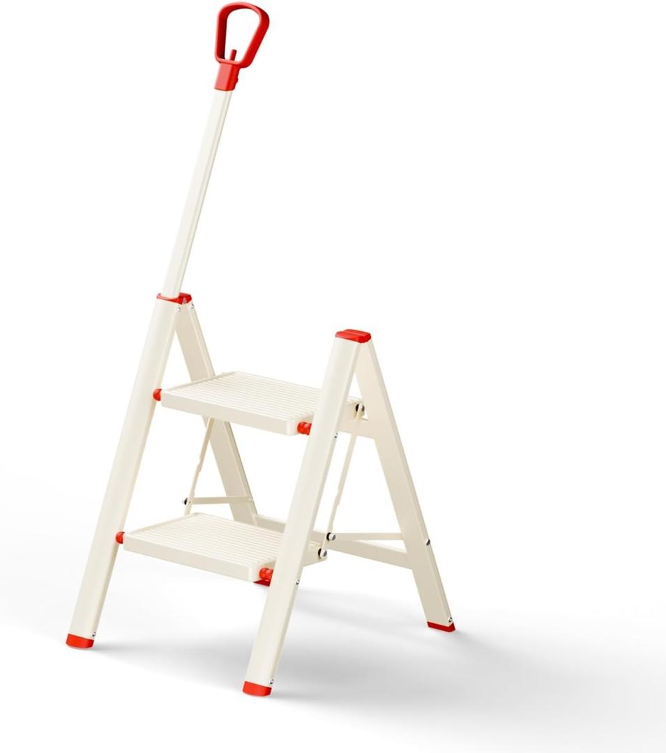 ASPERALD 2 Step Ladder with Single-Handrail,Foldable Step Stool with Anti-Slip Wide Pedals for Home Kitchen Closet,Lightweight Step Folding White (Warm Beige)