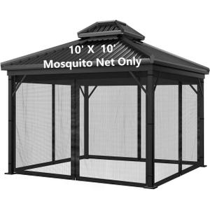 Mosquito Net for Outdoor Gazebo Canopy 4-Panel Canopy Screen Wall with 4 Zippers for 10 x 10' Patio Gazebo and Tent (Mosquito Net Only) 10' x 10' Black (Black with rings four doors)