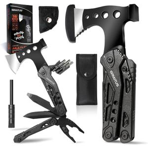 Camping Essentials Multitool Camping Accessories Gifts for Men 16 in 1 Multi Tool Survival Gear with Axe Hammer Pliers Saw Screwdrivers Bottle Opener Whistle for Camping Hiking, Gifts for Dad Him (Black)