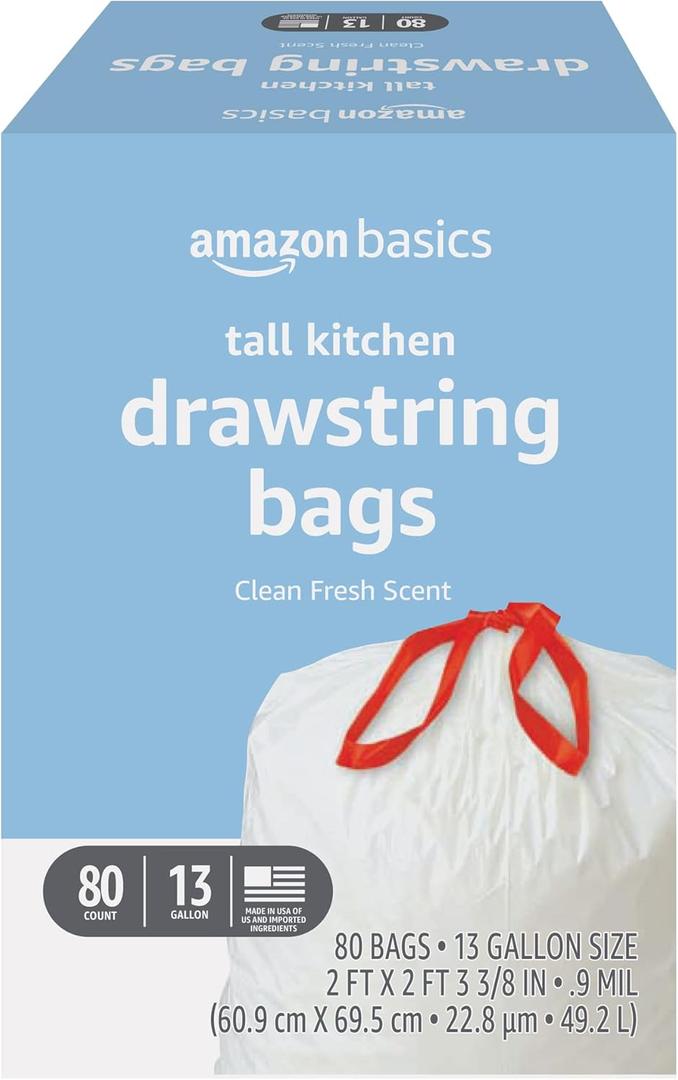 Amazon Basics Tall Kitchen Drawstring Trash Bags, Clean Fresh Scent, 13 Gallon, Odor Control, 0.9 mil Thickness, 80 Count (Previously Solimo)