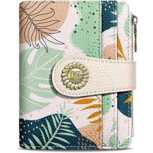 Kelvoris Boho Leafs Abstract Art Small Rfid Women Wallet Bifold Zipper Coin Pocket PU Leather Compact Cash Credit Card Holder Travel Wallet for Female Ladies Teen Girls 1 ID Window 10 Card Slots