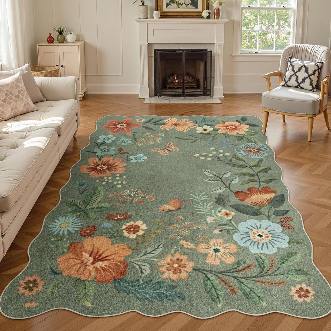 Lahome Floral Living Room Rugs, Area Rugs 5x7 Rug for Bedroom Ultra-Thin Soft Rug, Non-Slip Washable Rugs Stain Resistant Boho Rug Flore Throw Rug for Dining Room Office (5x7ft,Green)